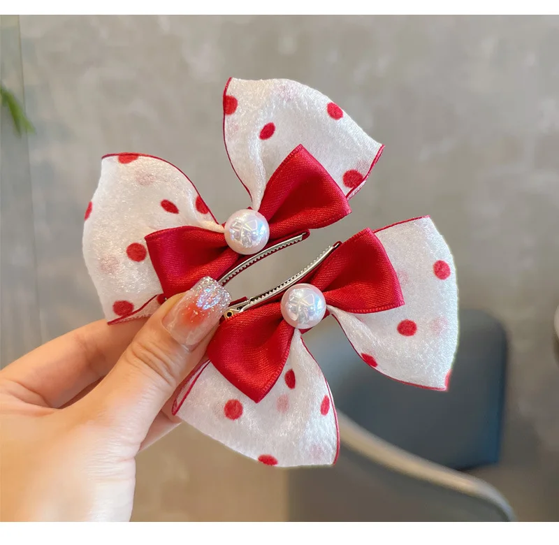

3D Bow Hair Clips for Girls Polka Dot Bubble Gauze Kids Hair Accessories with Pearl 1 Pair Fashion Children Hair Bows
