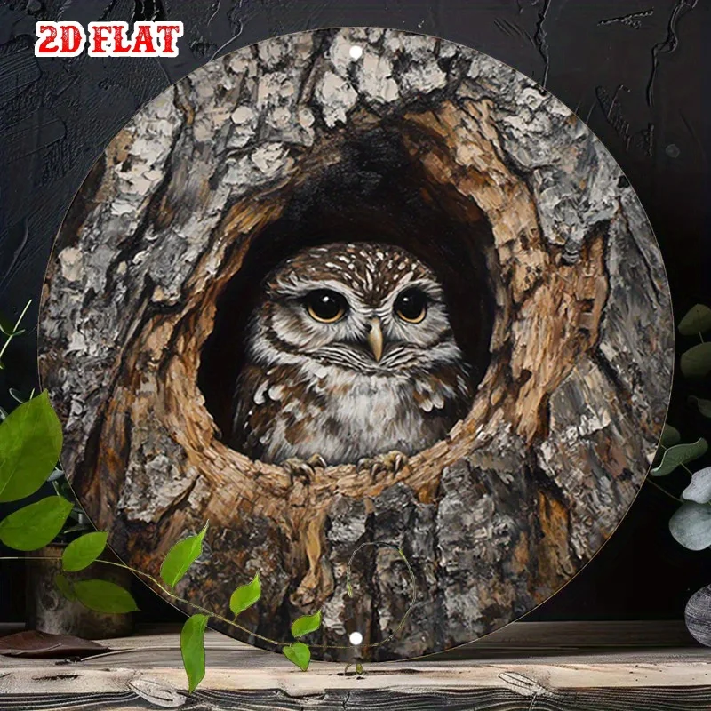 2D Flat 1pc Retro Tin Sign Featuring Owl Nestled Within A Tree Round Wall Art Tea House Veranda Area Perfect for Artistic Setups