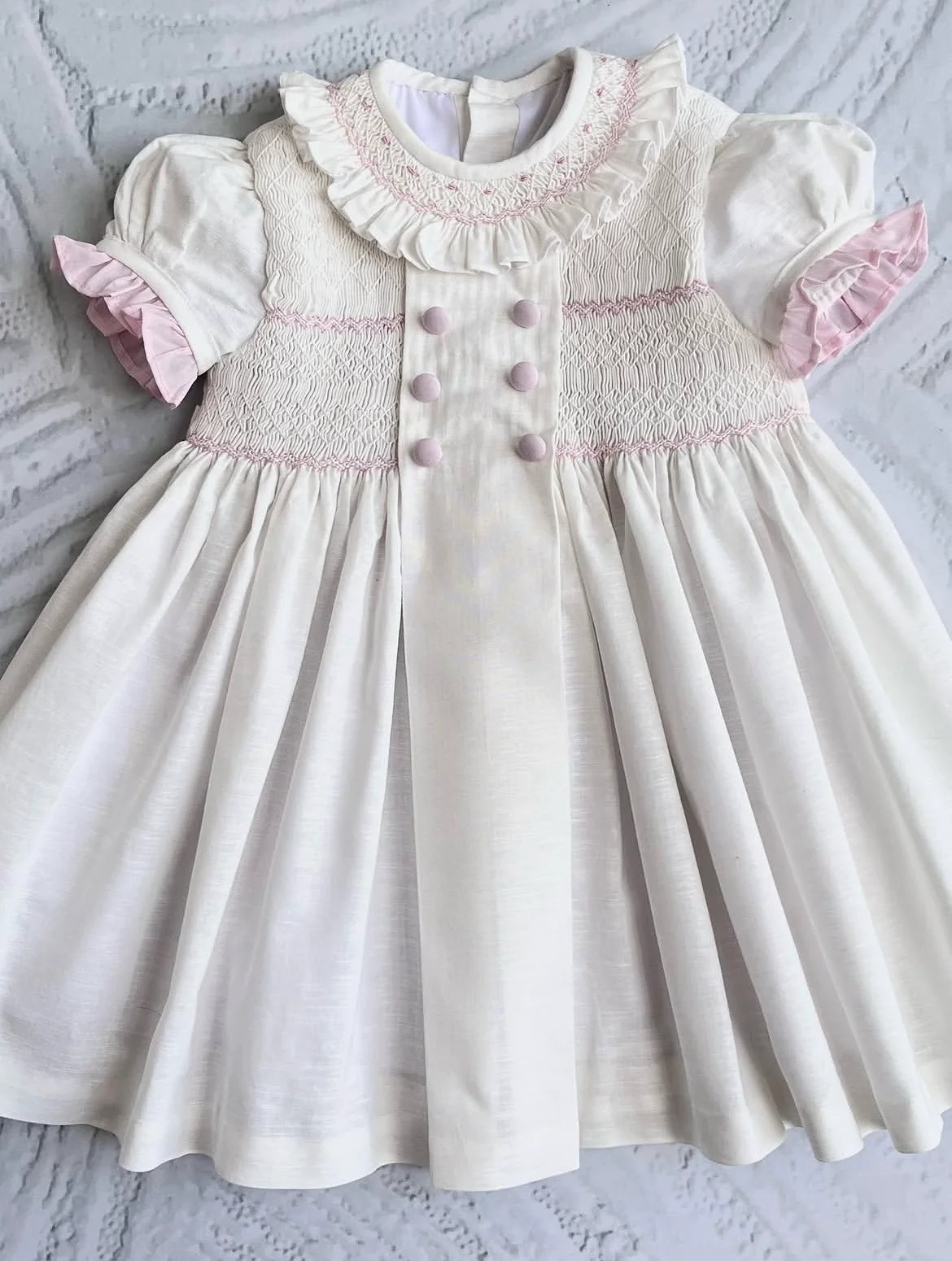 0-6Y Baby Girl White Flax Hand Smocked Dress For Casual Birthday Party Wedding Photography A467
