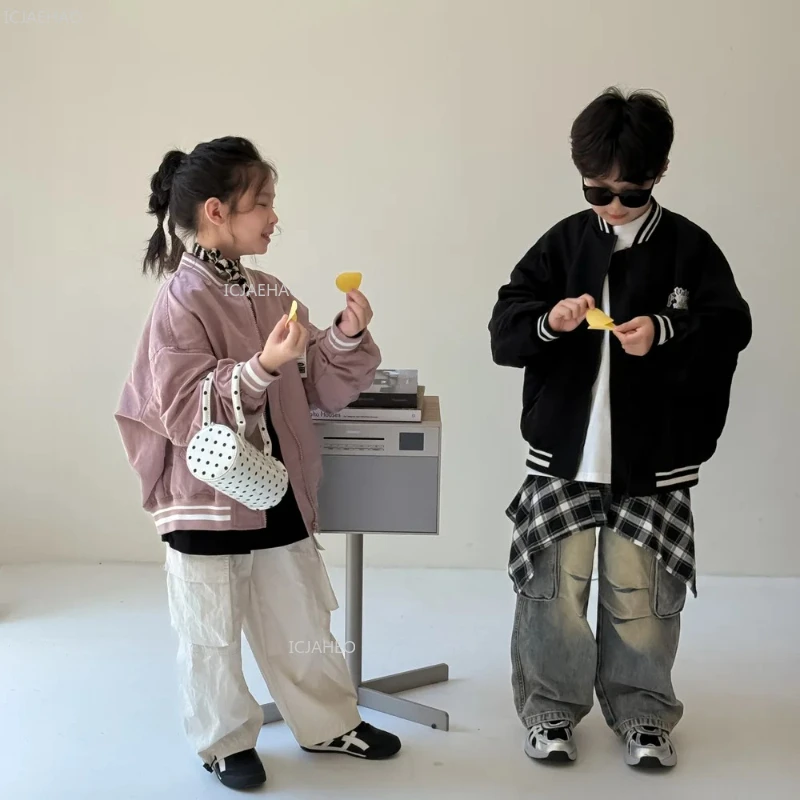 

Детская бейсбольная куртка унисекс, пальто на молнии с буквенным принтом, пальто на молнии для маленьких мальчиков и девочек, детская осенняя свободная повседневная одежда