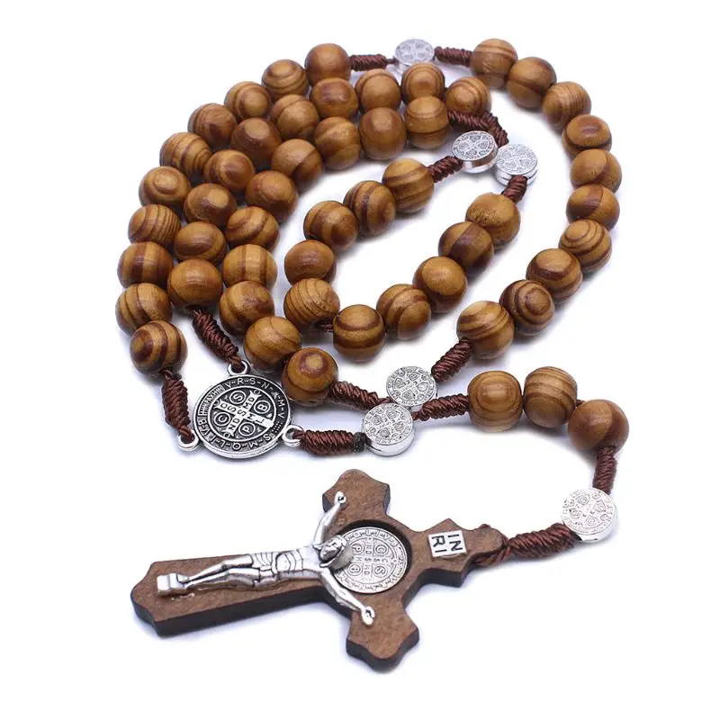 Fashion Round Bead Catholic Rosary for Cross Religious Wood Beads Men Necklace Charm Gift for Husband Father Grandfather