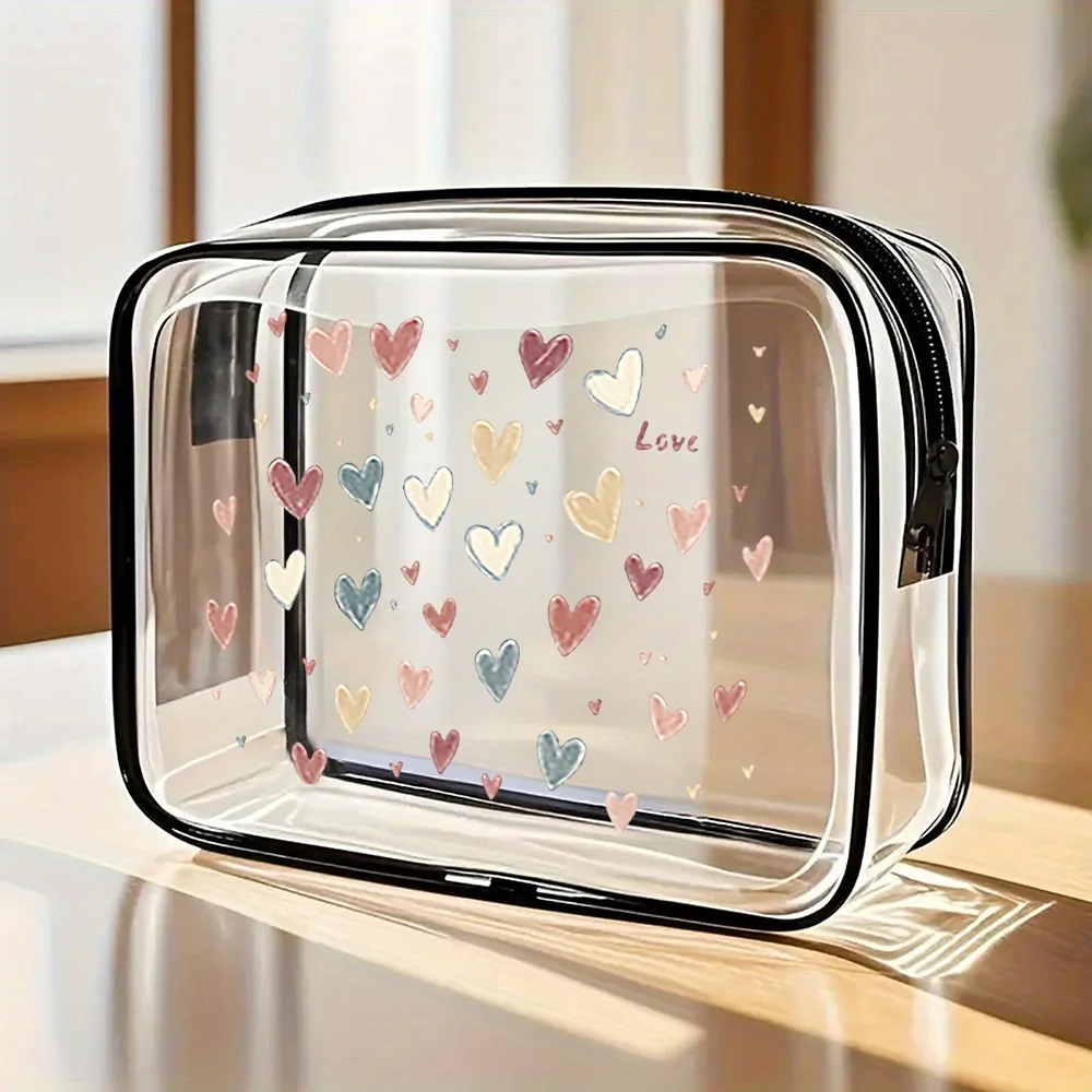 Heart Design Clear Makeup Bag. Small cosmetic pouch for travel, gym or beach. A perfect gift.