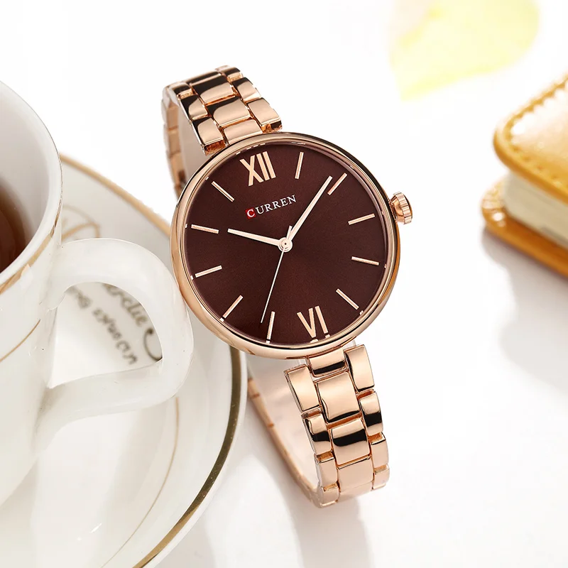 CURREN 9017 Roman Numeral Quartz Watch for Ladies, Waterproof Minimalist Casual Wristwatch with Stainless Steel Strap
