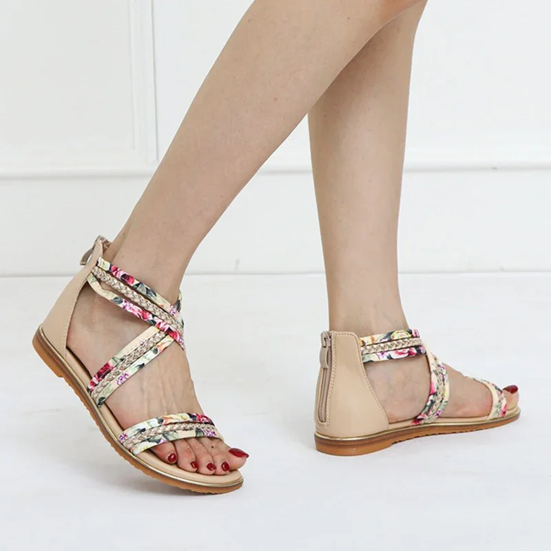 2024 Summer Women 1cm Platform 1.5cm Low Heels Sandals Female Luxury Printed Ribbon Zipper Flats Lady Fashion Gladiators Shoes