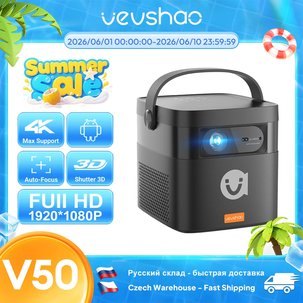 VEVSHAO V50 400ANSI DLP Projector Android 9.0 TOF Focus 3D Dual-band WiFi Bluetooth 5.0 15000mAh Battery Home Theater