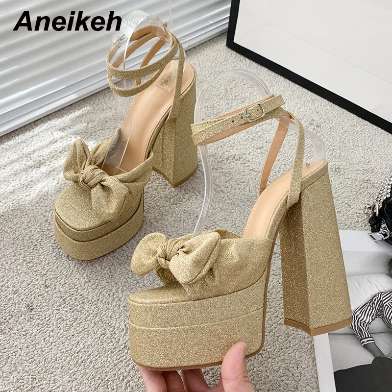 Aneikeh Classics Butterfly-Knot Decoration Women Platform Sandals Fashion Open Toe Ankle Buckle Strap High Heel Wedding Pumps