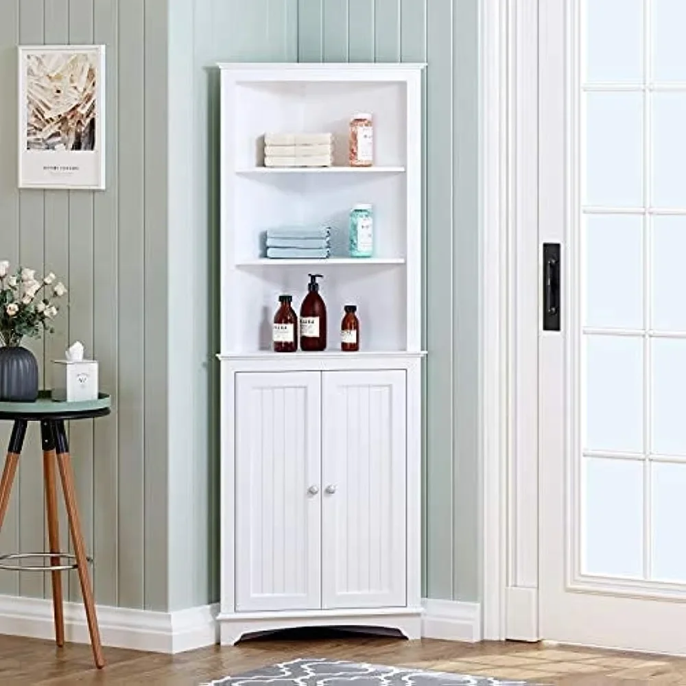 Spirich Home Tall Corner Cabinet with Two Doors and Three Tier Shelves, Free Standing Corner Storage Cabinet，White