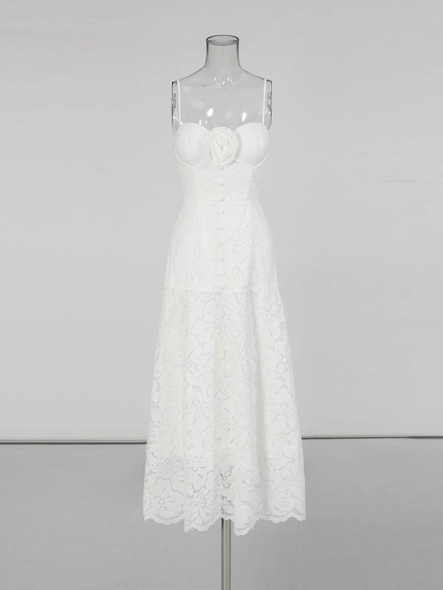 TWOTWINSTYLE Slimming Printing Spliced Button Elegant Dress for Women Strapless Sleeveless Patchwork 3D Flower Dress Female New