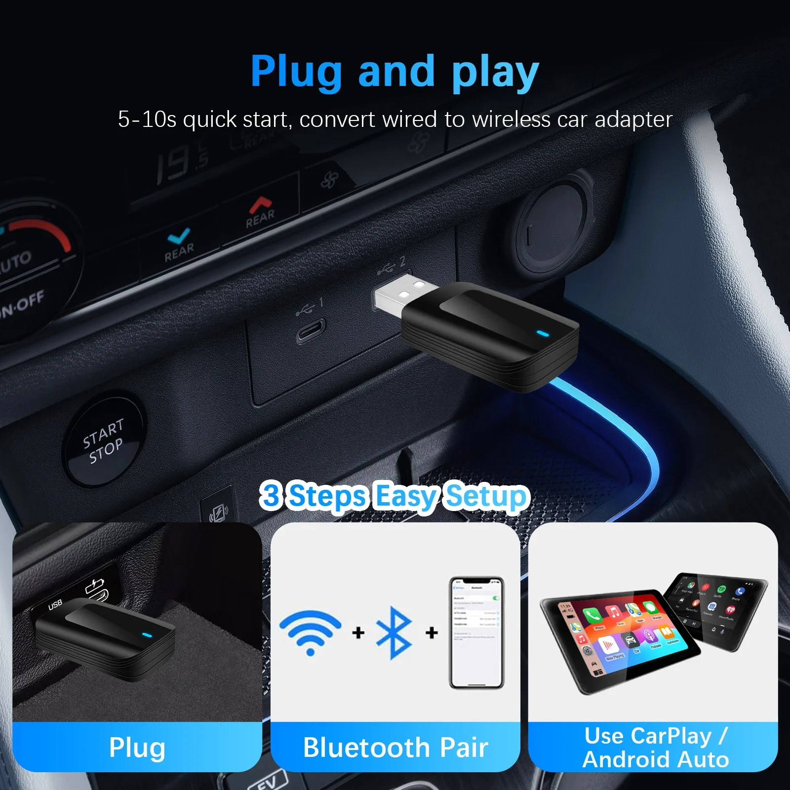 2-in-1 Mini Wireless CarPlay & Android Auto Adapter Ultra Compact Low Latency 5.8GHz WiFi BT5.0 Plug&Play for Factory Wired Cars