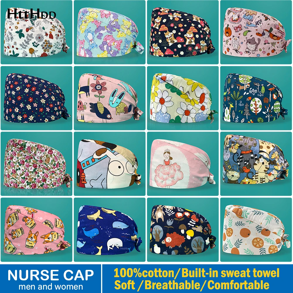 Cotton Pet Medical Scrubs Pharmacist Clinic Hat Dentist Lab Caps Women Men Nurse Surgical Work Caps Tie Back Nursing Hats Unisex