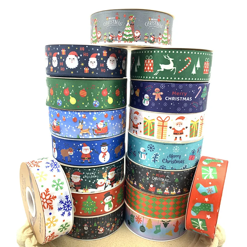 4cm 48/96/144Yard Christmas ribbon full printing colorful Xmas cute icons satin ribbons f DIY handcraft gift Barto Badge ribbon