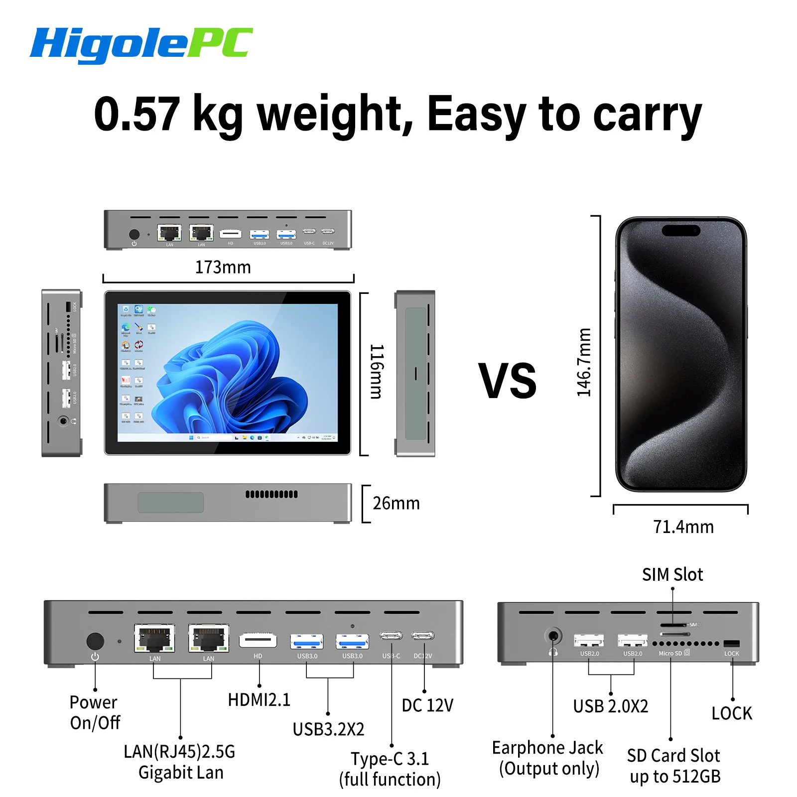 Higole F9B Pro 7'' Mini PC Intel N95 Windows 11 WiFi5 16GB 512GB 5000mAh Dual 2.5G LAN Slot SIM Laptop Desktop PC Mini Komputer