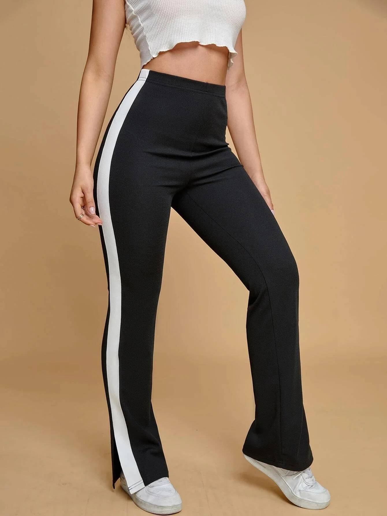 M-3XL Women Fashion Harem Pants Casual Contrast Side Seam Split Hem Pants Tights Trousers Sweatpants