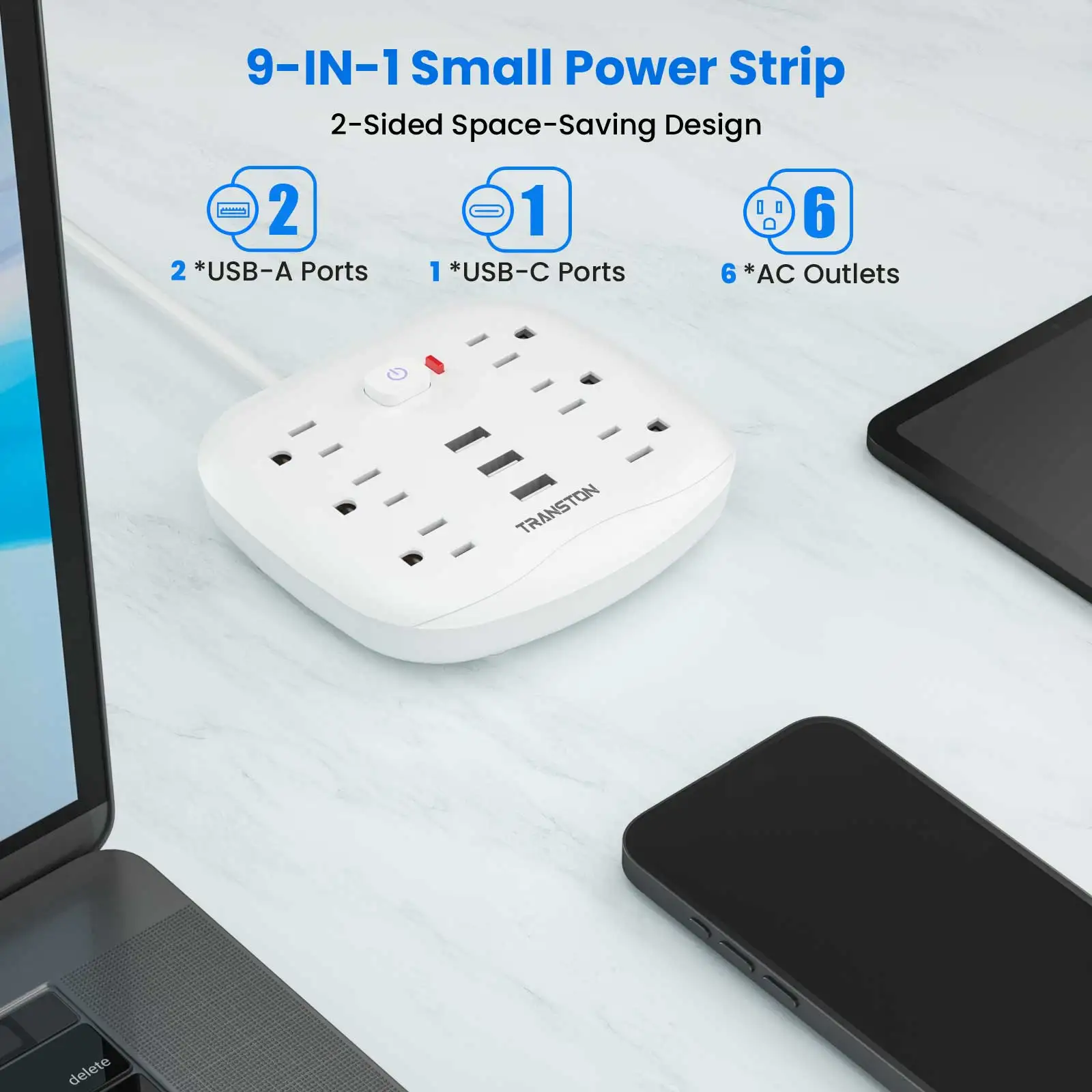 Power Outlet with Surge Protector, 6 sockets 3 USB Ports, 3.3ft Extension Cord, Fire Resistant, For Home and Office, White