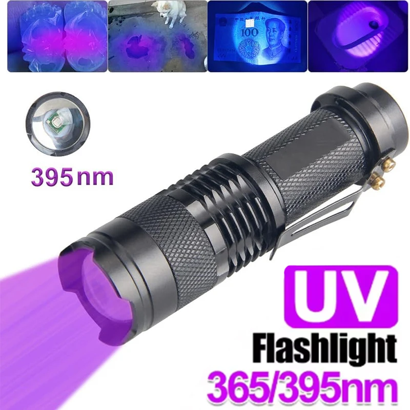 

Портативный УФ-фонарик, светодиодный ультрафиолетовый фонарик, масштабируемый 395/365 нм, водонепроницаемая инспекционная лампа, детектор пятен мочи домашних животных, лампы, инструменты