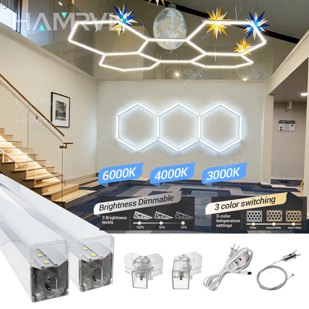 

Dimmable DIY Hexagon Garage Light Connector Accessories Honeycomb LED tube Suspension Wire Cable 4S change color 3000K4000K6000K