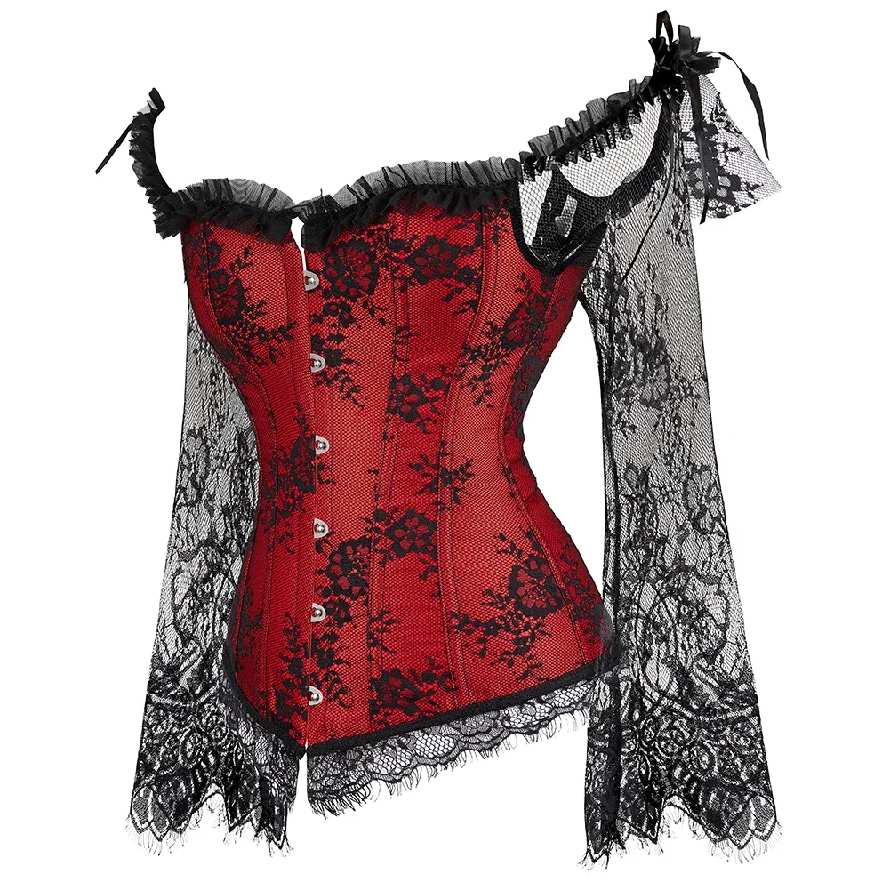 

Red Black Corset Bustier Top Lingerie Women with Lace Long Sleeves Plus Size Floral Sexy Costumes Burlesque