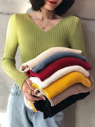 2024 Jesień Zima Kobiety Solid Rib Knit V Neck Stripe Pull Sweater Femme Długi rękaw Pullover Jersey Tops Fashion Clothes Y2k