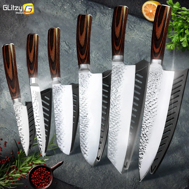 Cuchillos de cocina, juego de cuchillos de Chef japonés 7CR17, acero rico en carbono, corte completo martillado, antiadherente, cuchillos Santoku, cuchilla de carne de utilidad