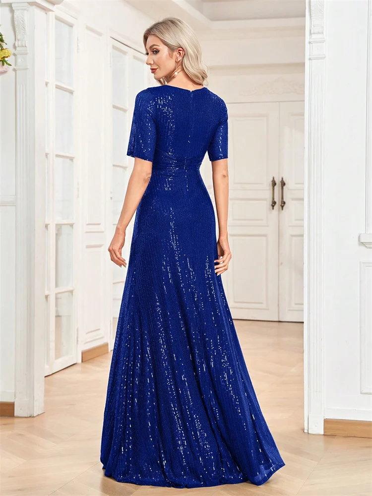 ชุดราตรีหรูหราแบบยาวถึงพื้น คอวี ปี 2025 สำหรับผู้หญิง ชุดเดรสยาวออกงานหรูหรา ประดับเลื่อม แขนสั้น ชุดราตรีงานพรอม งานเลี้ยงค็อกเทล