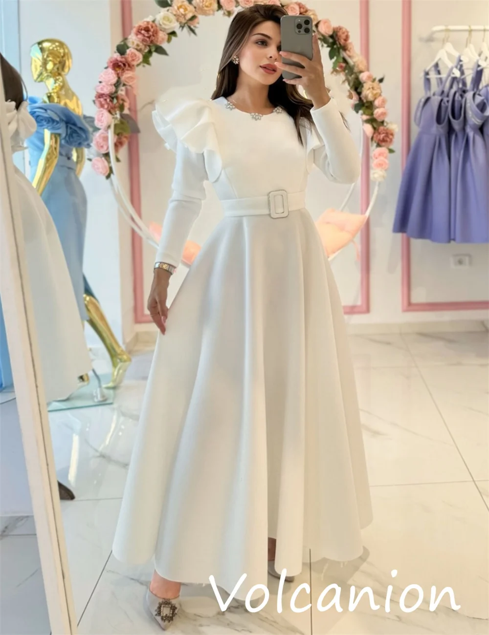 맞춤형 파스텔 유니섹스 저지 스팽글 새시 A라인 스쿱넥 미디 드레스 맞춤 제작 행사 심플