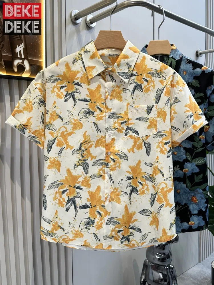 Summer New Fashion Mens Single Breasted Shirt Loose Fit Flower Printed Tops Short Sleeve High Street Casual Male Hawaii Shirts