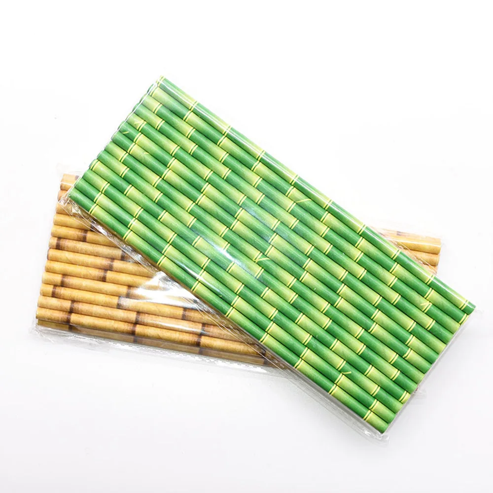 25Pcs Retro Chinese Style Imitation Bamboo Disposable Paper Straw Green Drinking Straw for Birthday Party Wedding Decor Supplies