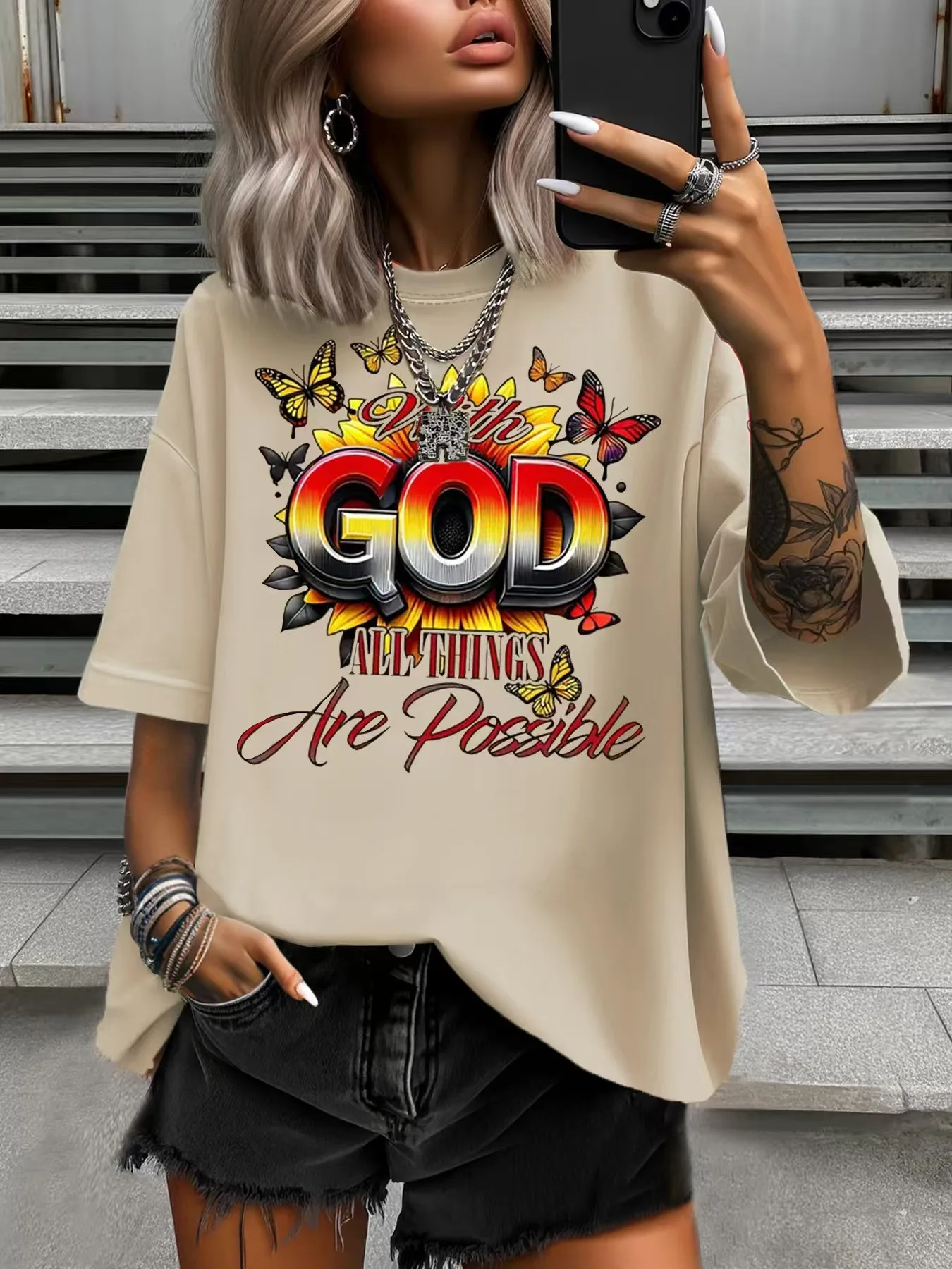

Summer Women's Plus Size T-Shirt Original Design Fashion Letter Butterfly Printed Women's Casual Round Neck Short Sleeved Tops