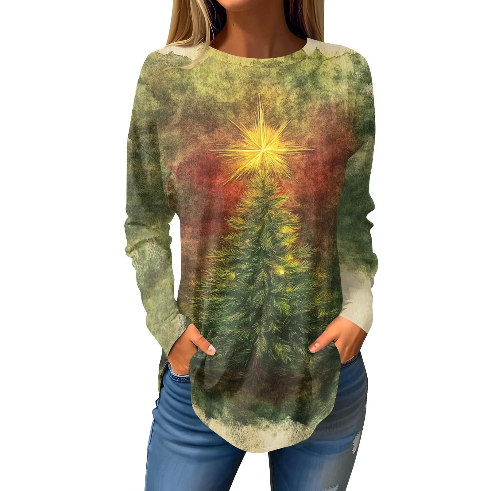 T-shirt a maniche lunghe girocollo con stampa rossa albero di Natale 3D da donna in edizione limitata natalizia Top casual a maniche lunghe alla moda