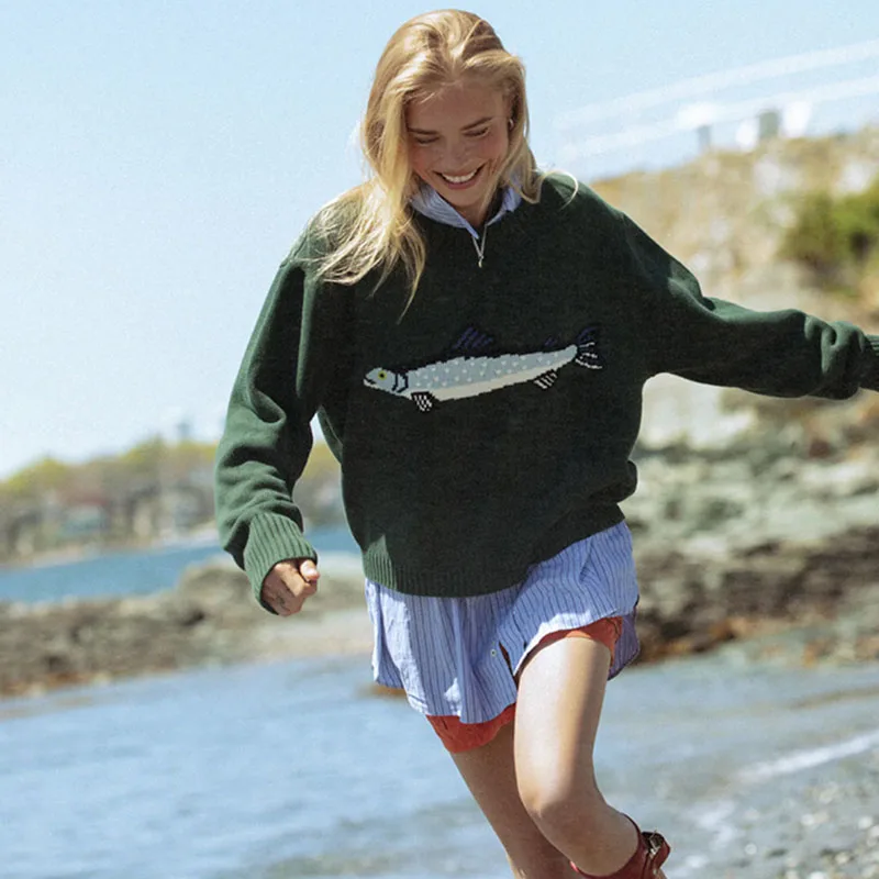 

Повседневный вязаный короткий свитер с вышивкой «рыба» и круглым вырезом, женский свободный пуловер с длинными рукавами, осень 202, женский шикарный трикотаж для поездок на работу, новинка