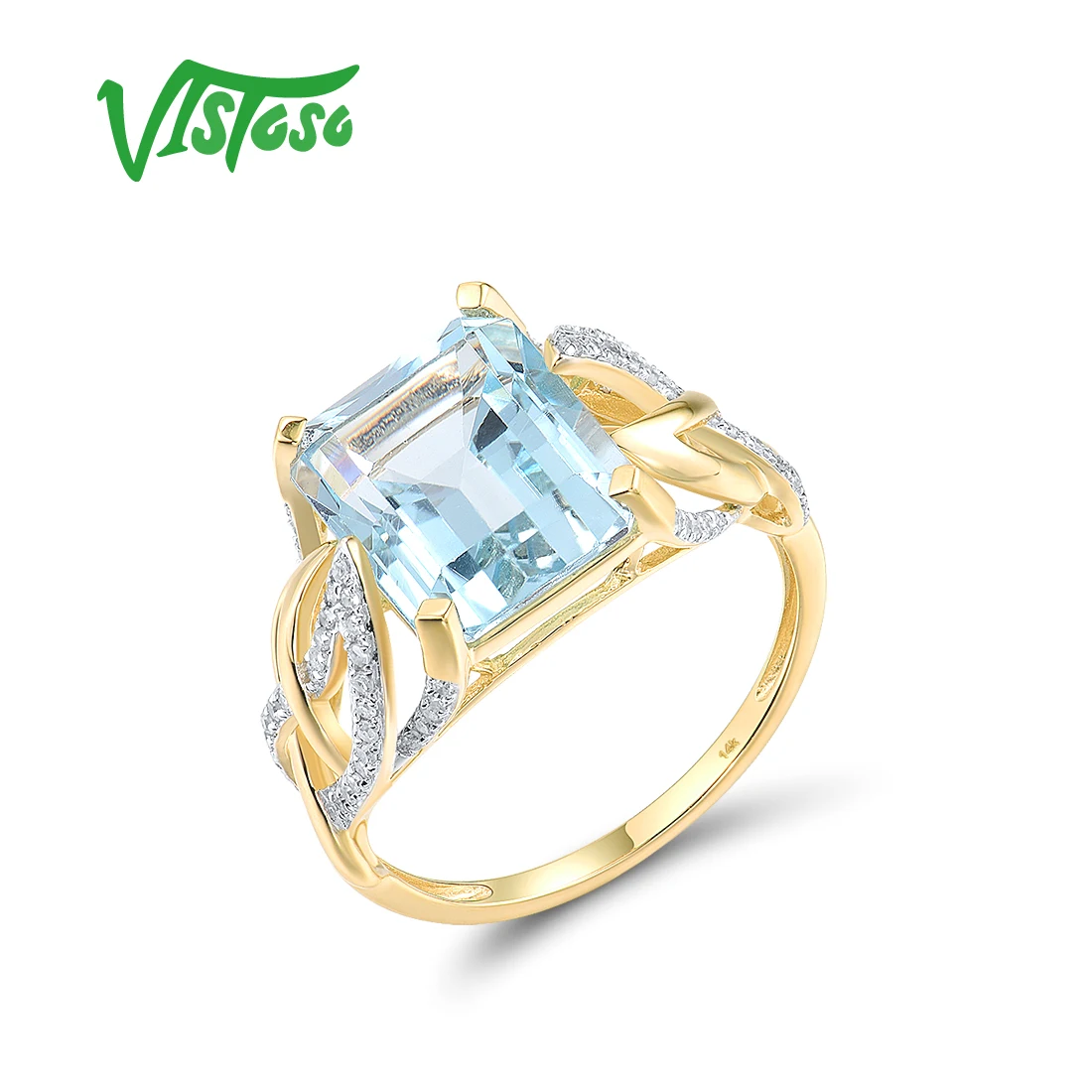 

VISTOSO Authentic 14K 585 Yellow Gold Ring For Women Sparkling Sky Blue Topaz Diamond Rectangle Wedding Anniversary Fine Jewelry