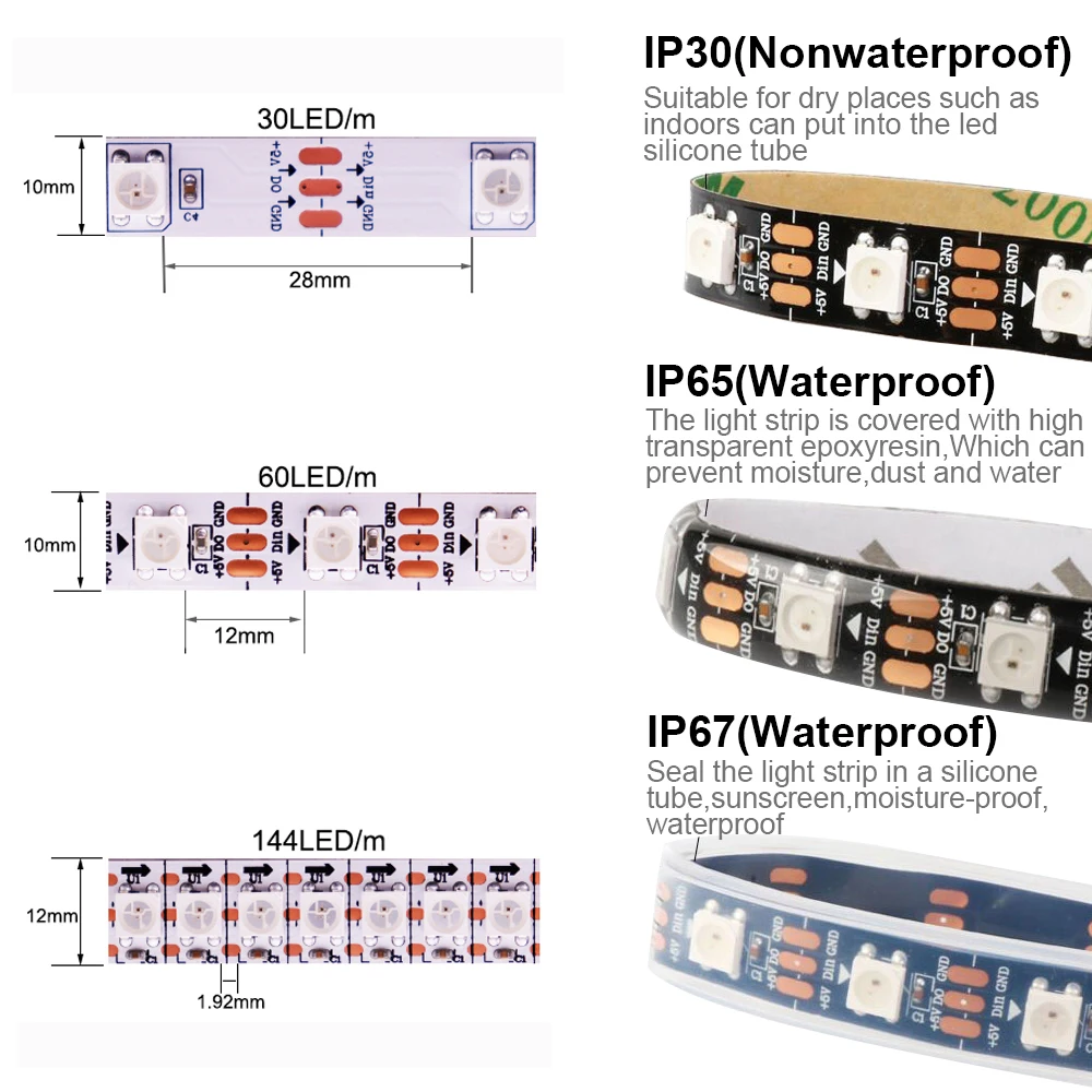 Fita de iluminação LED RGB inteligente, endereçável individualmente, IC, 30, 60, 144pixels, LEDs, m, DC 5V, 12V, WS2811, WS2812B, WS2813, WS2815, 5050