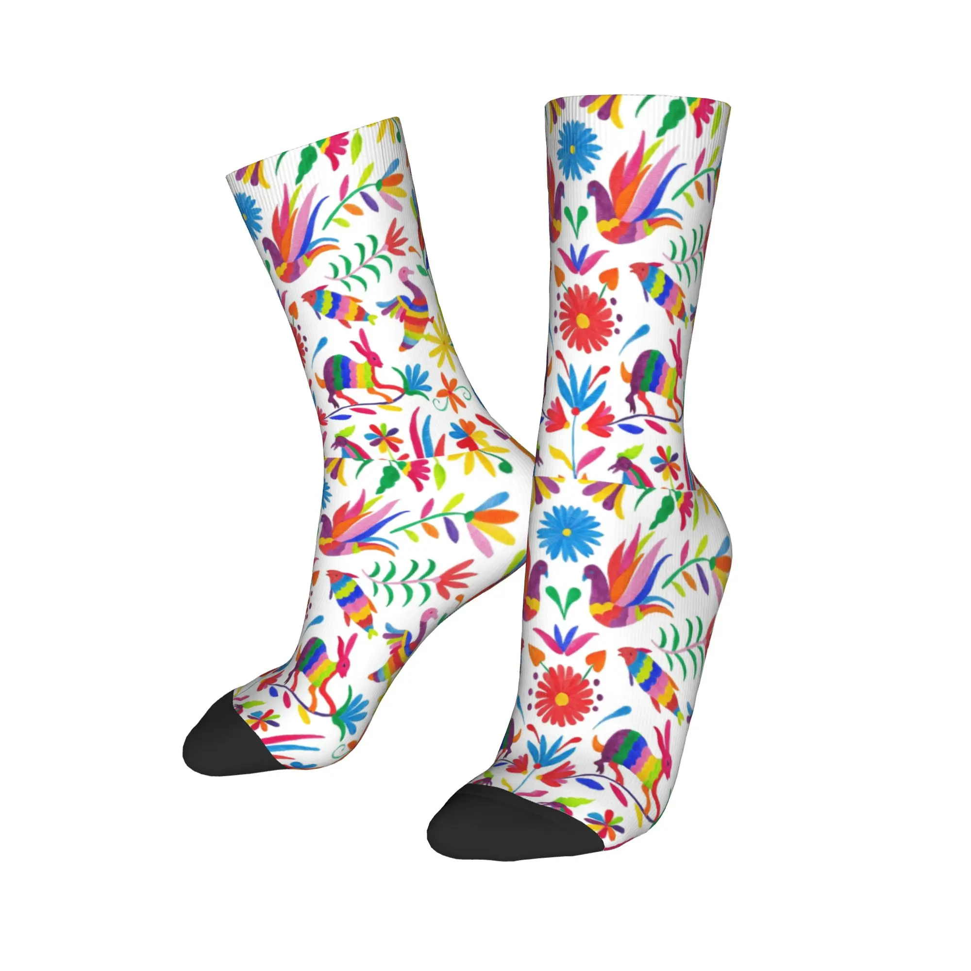 Custom Otomi Folk Mexican Art Men Women Crew Socks Unisex Cool Floral Birds Pattern Spring Summer Autumn Winter Dress Socks view 3