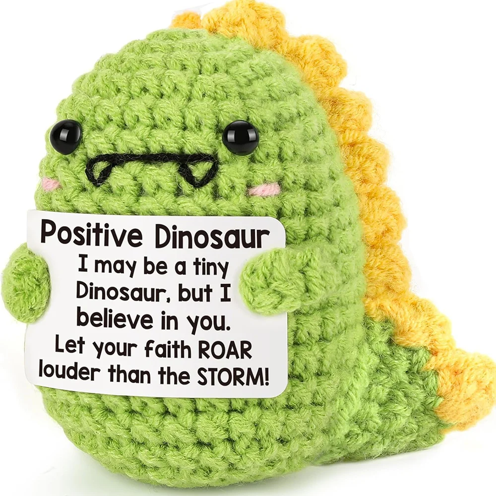 Funny Handmade Knitted Dinosaur Doll Ornament Home Room Decoration Positive Crochet Dinosaur with Encourag Card Christmas Gift