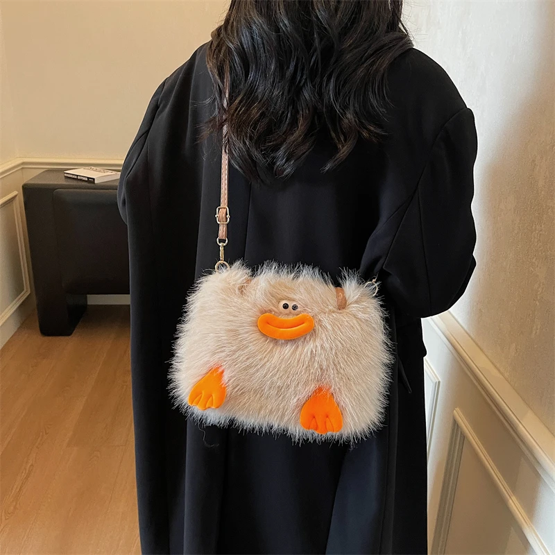 

2025 High Quality Sweet Plush Velvet Shoulder Bag Light Luxury Solid Color Versatile Zipper Women's Handbag for Women Winter