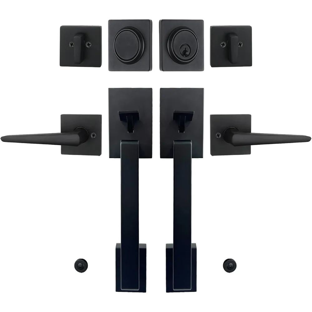 

Матовый черный комплект двойных французских дверных ручек, внешний дверной замок Halifax с засовом и рычагом, двусторонний для левой и правой руки