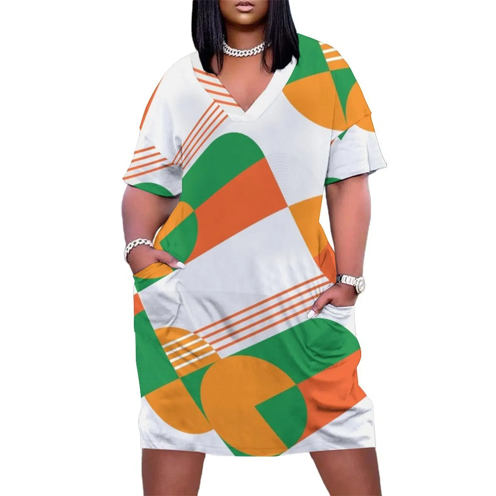 

FAMU Orange and Green Pattern Loose Pocket Dress beach dress Dresses gala elegant guest wedding dress