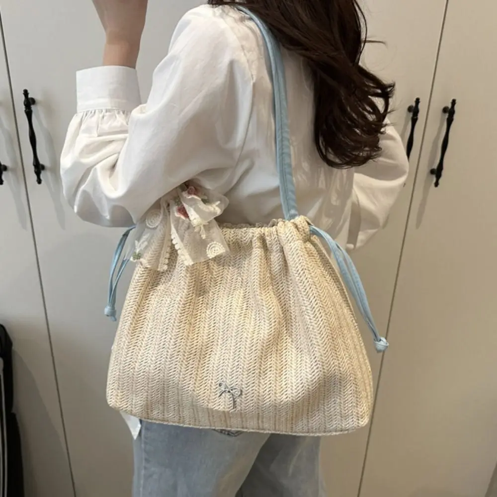 

Trendy Elegant Straw Woven Bag Bohemian Style Drawstring Grass Knitted Tote Bag Bow Commuting Beach Shoulder Bag Girls