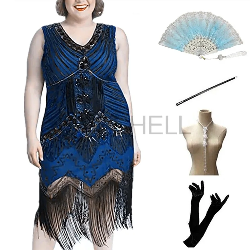 1920s Flapper Vintage Cosplay Plus Size z 20 zestaw akcesoriów świetnych wieczorowych cekinów Gatsby sukienka z frędzlami Charleston