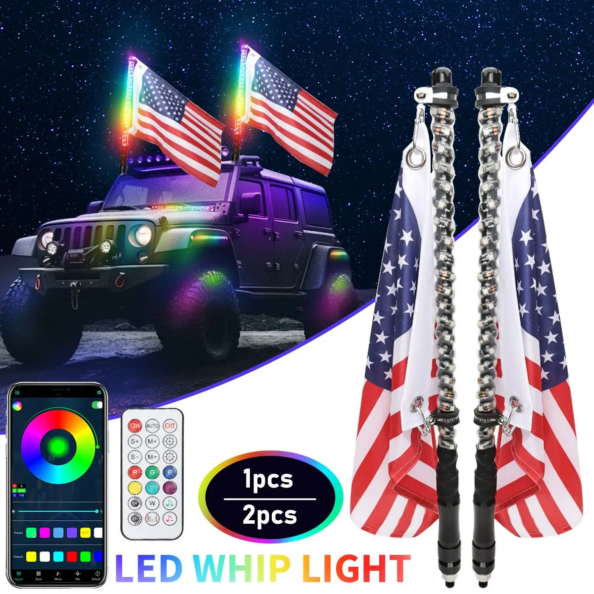 

Car Motorcycle 2FT Led Whip Light Led RGB Waterproof Bendable Remote APP Music Control LED Flagpole Lamp for SUV ATV UTV RZR
