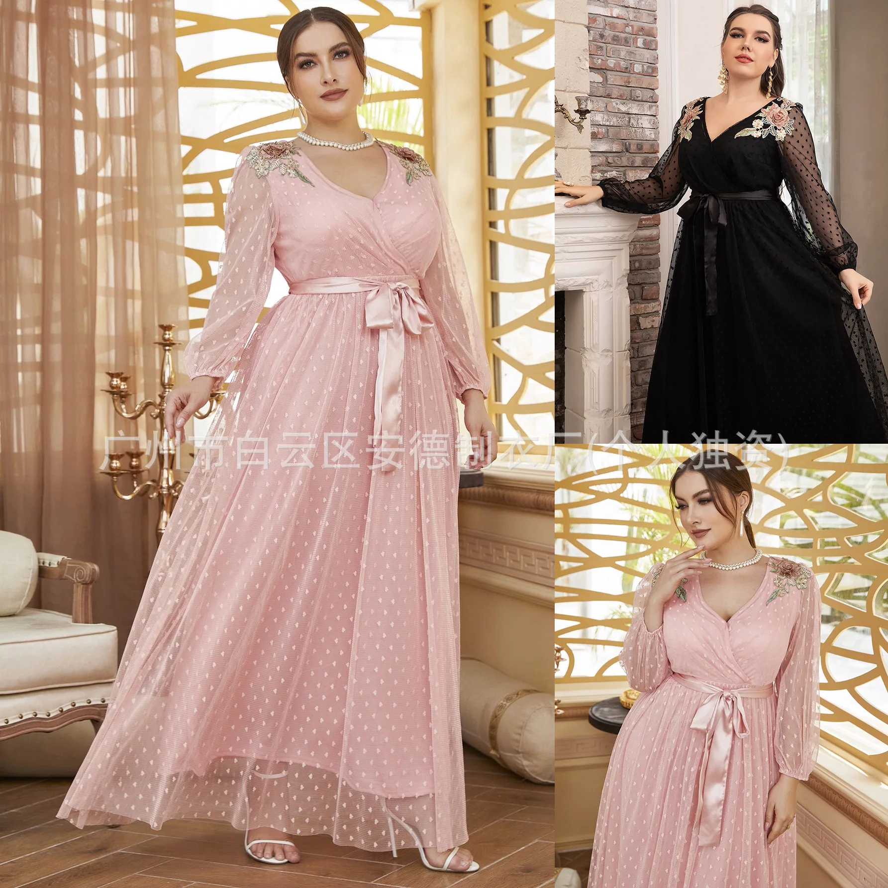 

Plus Size New Fashion Women's Solid Color Long Sleeve V-neck Floor Length Lace Elegant Casual Trendy Sequins Lace Dresses Female