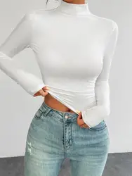 Sexy Girls Knitted Half High Neck Long Sleeved Top Chic Elegant Short Casual T-Shirt Elastic Tight Women's Basic Top Y2K Clothes