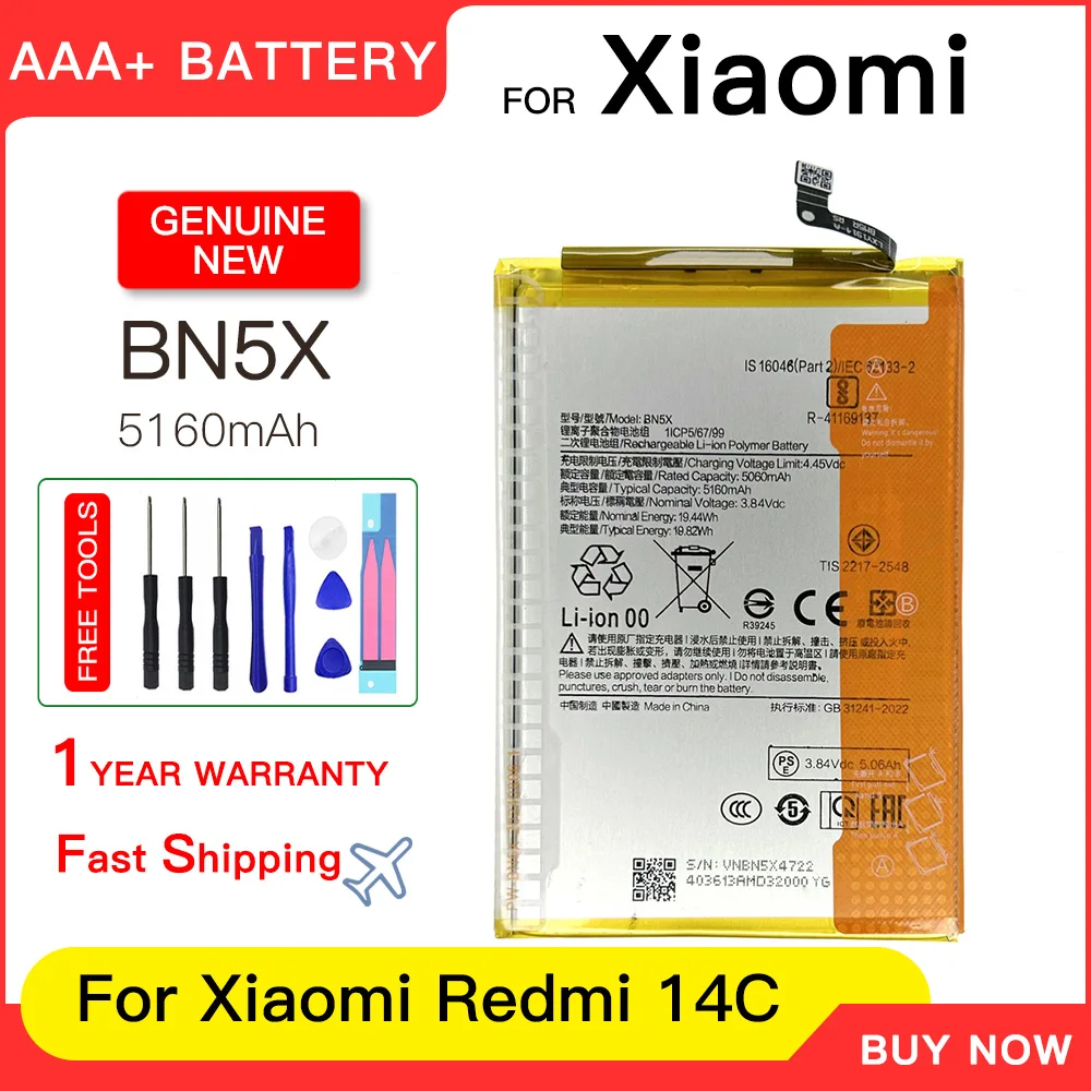 Genuine BN5X 5160mAh For Xiaomi Mi BN5X Redmi 14C Mobile Phone Replacement Battery Batteries Batteria + Free Tools