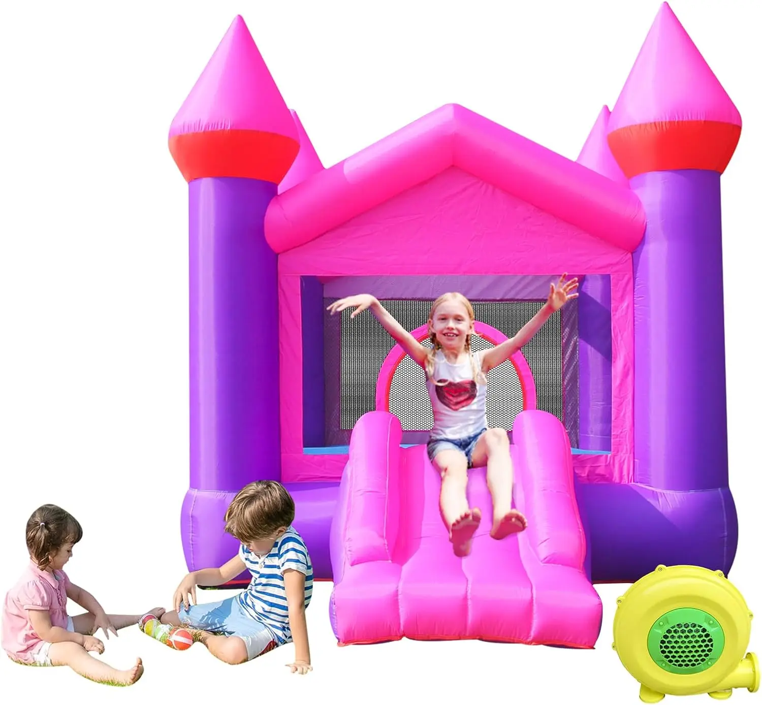 Hüpfburg, aufblasbares rosa Hüpfhaus für Kinder von 3–6 Jahren, Hüpfburg mit Rutsche für große Kinder, aufblasbare Hüpfburg, Hüpfburg