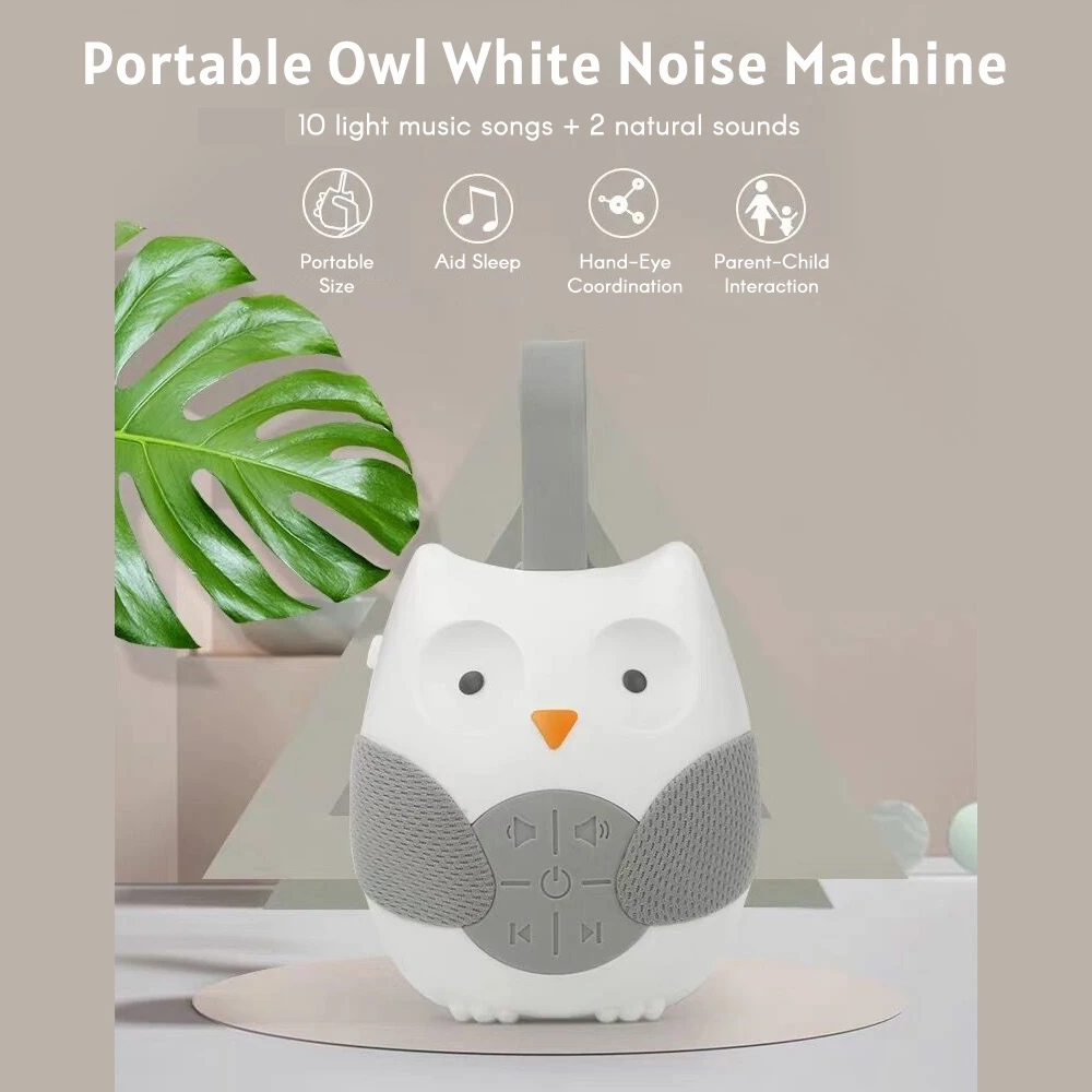 Portable Owl White Noise Machine Baby Soother with 10 Light Music Songs 2 Natural Sounds Silicone Strap for Infants Toddlers