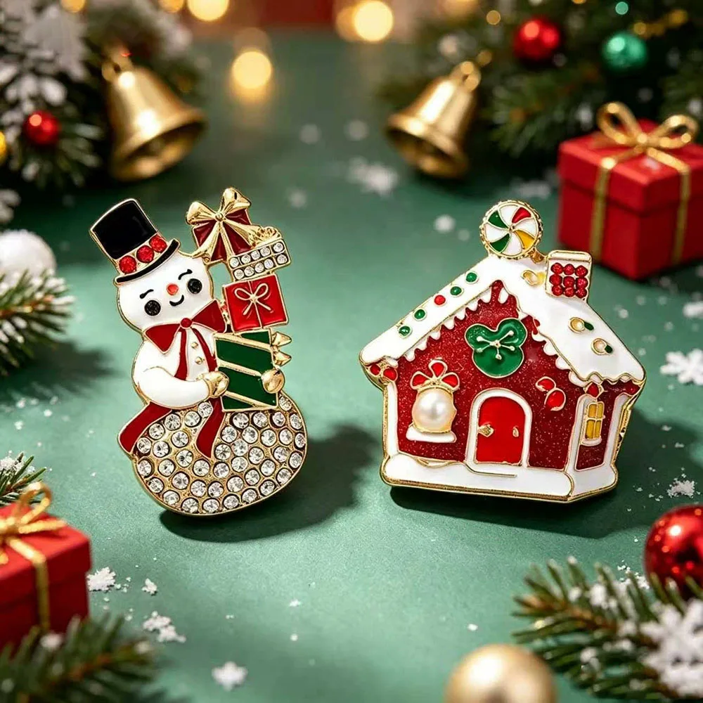 Christmas Brooches for Women Rhinestone Crystal Xmas Tree Snowman Stocking Candy Cane Bell Holiday Party Coat Jewelry Gift