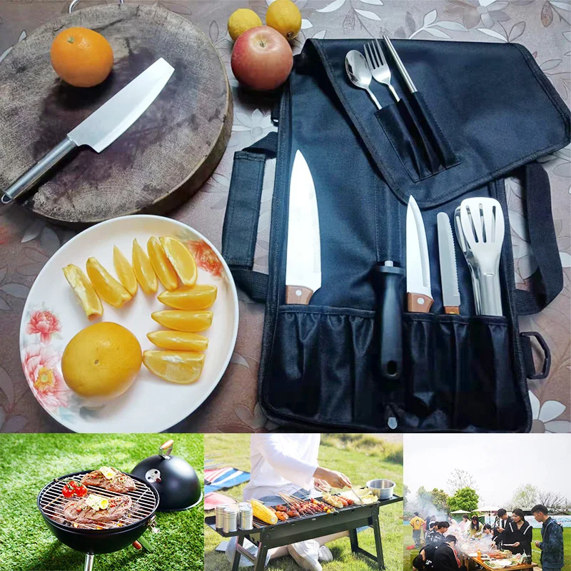 Chef Knife Bag Portable 9 Slots Kitchen Cleaver Slicing Santoku Knife Storage Pockets Traveling Picnic Carving Case Accessories