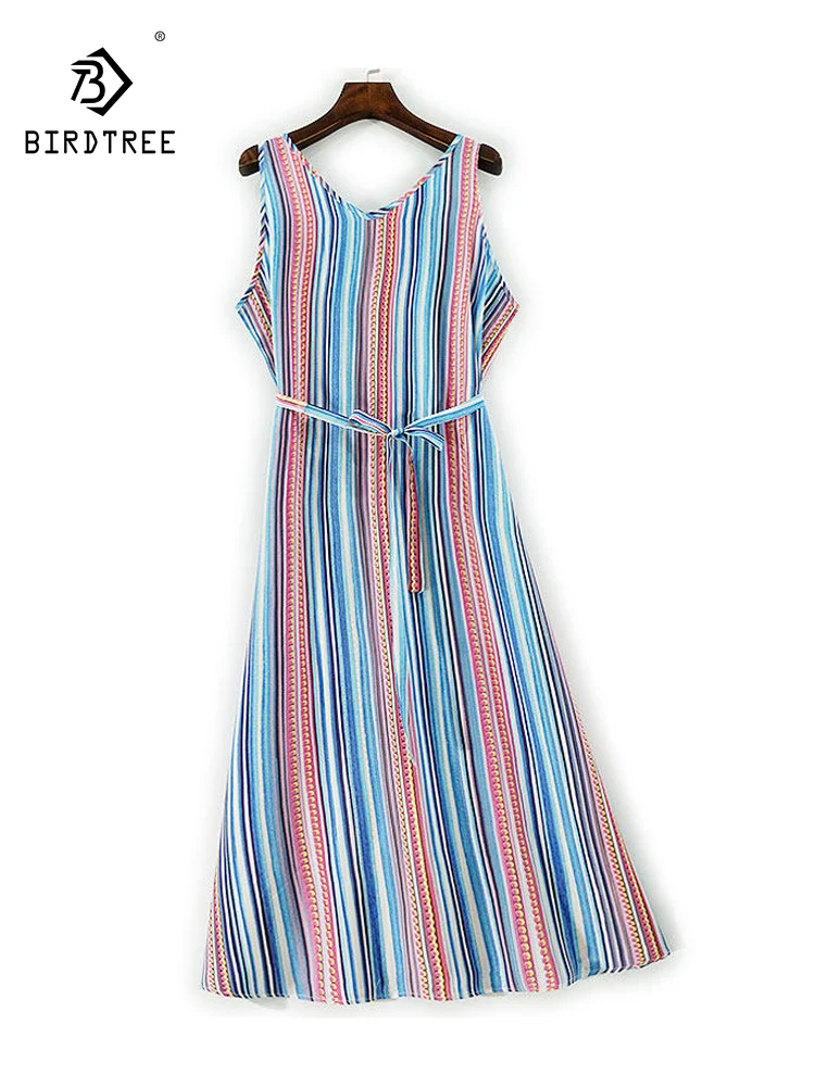 BirdTree-robe gilet élégante en crêpe Double soie, col en V imprimé rayé à lacets, robe polyvalente à la mode pour femmes, printemps 2026 D5D730CC