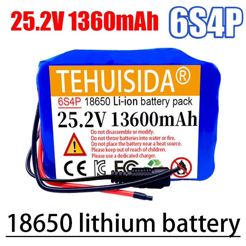 100% Brand New 6s4p 24V 13600mAh 18650 Battery Lithium Battery 25.2v 13.6Ah Built-in BMS Moped Electric Vehicle Customizable Plu