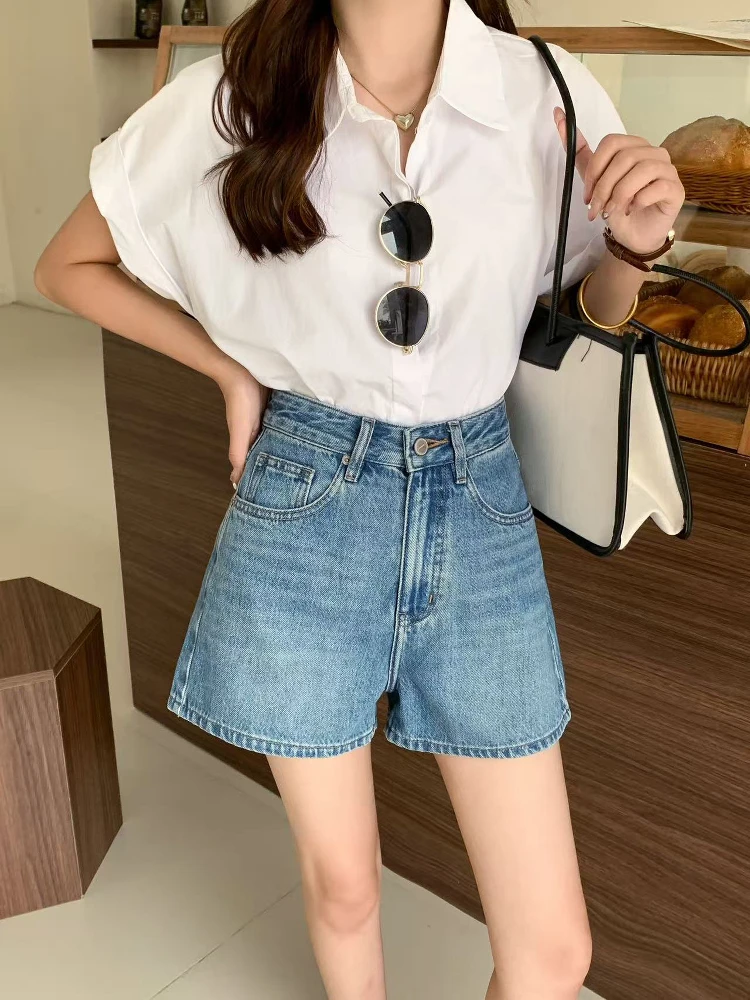 

Джинсовые шорты Sunny Home с высокой талией, А-силуэт, летние, новые, качественные, утягивающие, с длинными штанинами, синие, из тонкой ткани, женские джинсы